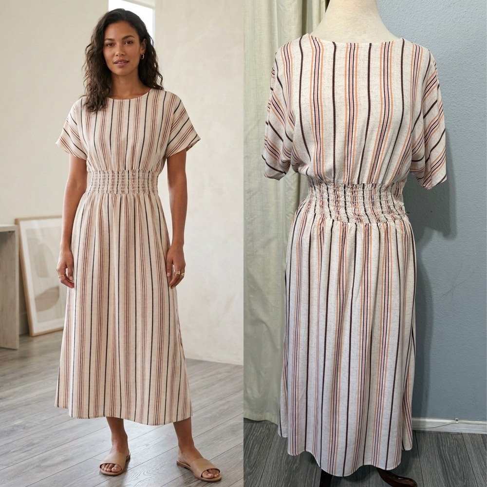 Flamingo Midi Dress M Striped Smocked Waist Cream Brown Minimalist Relaxed Boho